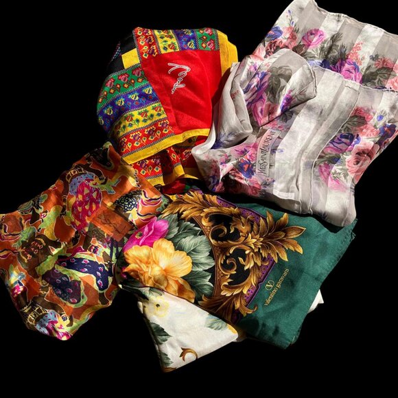 Lot of 4 Scarfs Set Multicolor Kenzo Yves Saint Laurent & Valentino Silk 35" - Picture 2 of 16